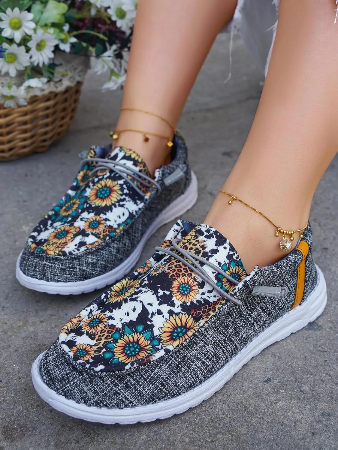 Women's Sunflower Slip-on Gray Canvas Loafers Lace-up Checkered Pattern Floral Pattern Design Sneakers Arch Support Cushion Sole Casual Trendy Comfortable Walking Driving Boat Shoes