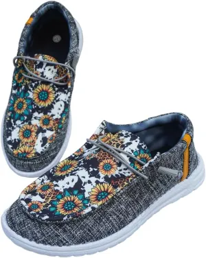 Women's Wendy Sunflower Print Lace-up Loafers Canvas Slip-On Casual Boat Shoes Comfortable Orthotic Walking Sneaker Shoes