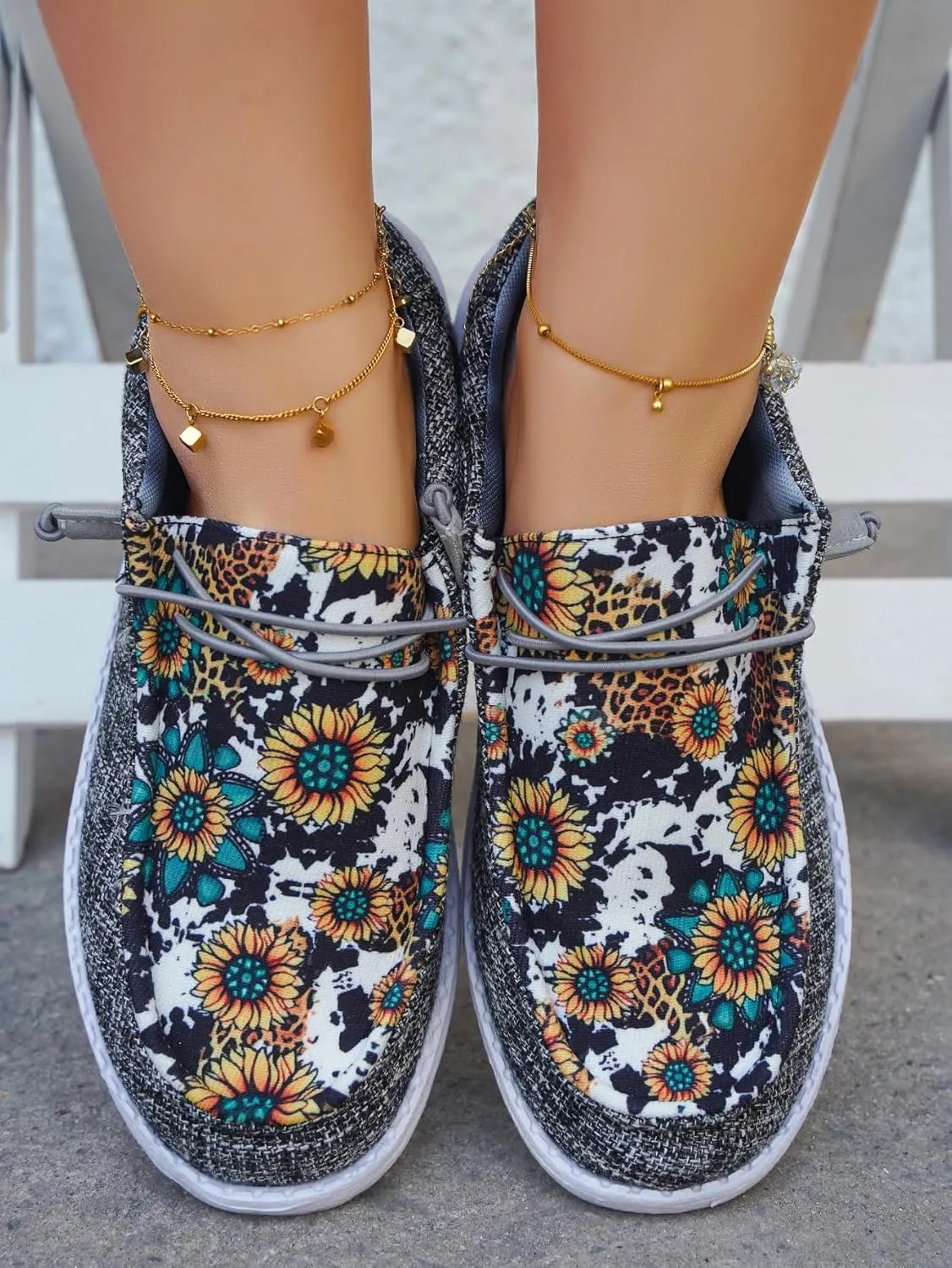 Women's Wendy Sunflower Print Lace-up Loafers Canvas Slip-On Casual Boat Shoes Comfortable Orthotic Walking Sneaker Shoes