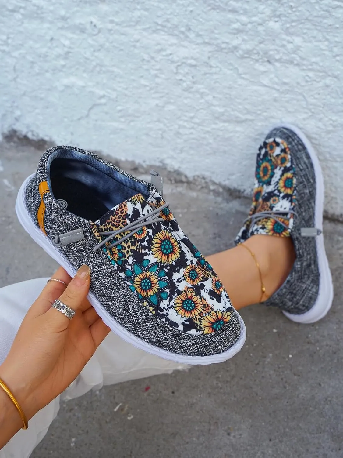 Women's Wendy Sunflower Print Lace-up Loafers Canvas Slip-On Casual Boat Shoes Comfortable Orthotic Walking Sneaker Shoes