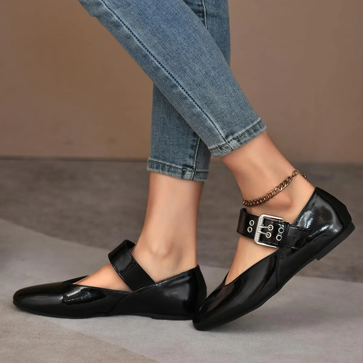 Women's White Mary Jane Flats Comfortable, Buckle Strap Ballet Flats for Women Sqaure Round Toe Slip On Shoes
