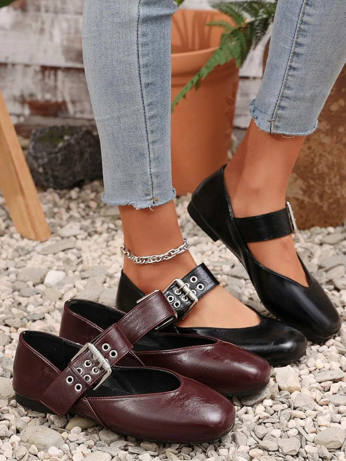 Women's White Mary Jane Flats Comfortable, Buckle Strap Ballet Flats for Women Sqaure Round Toe Slip On Shoes