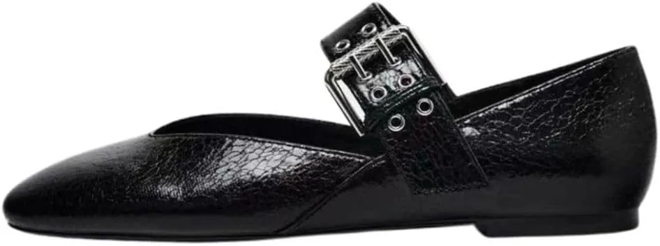 Women's White Mary Jane Flats Comfortable, Buckle Strap Ballet Flats for Women Sqaure Round Toe Slip On Shoes