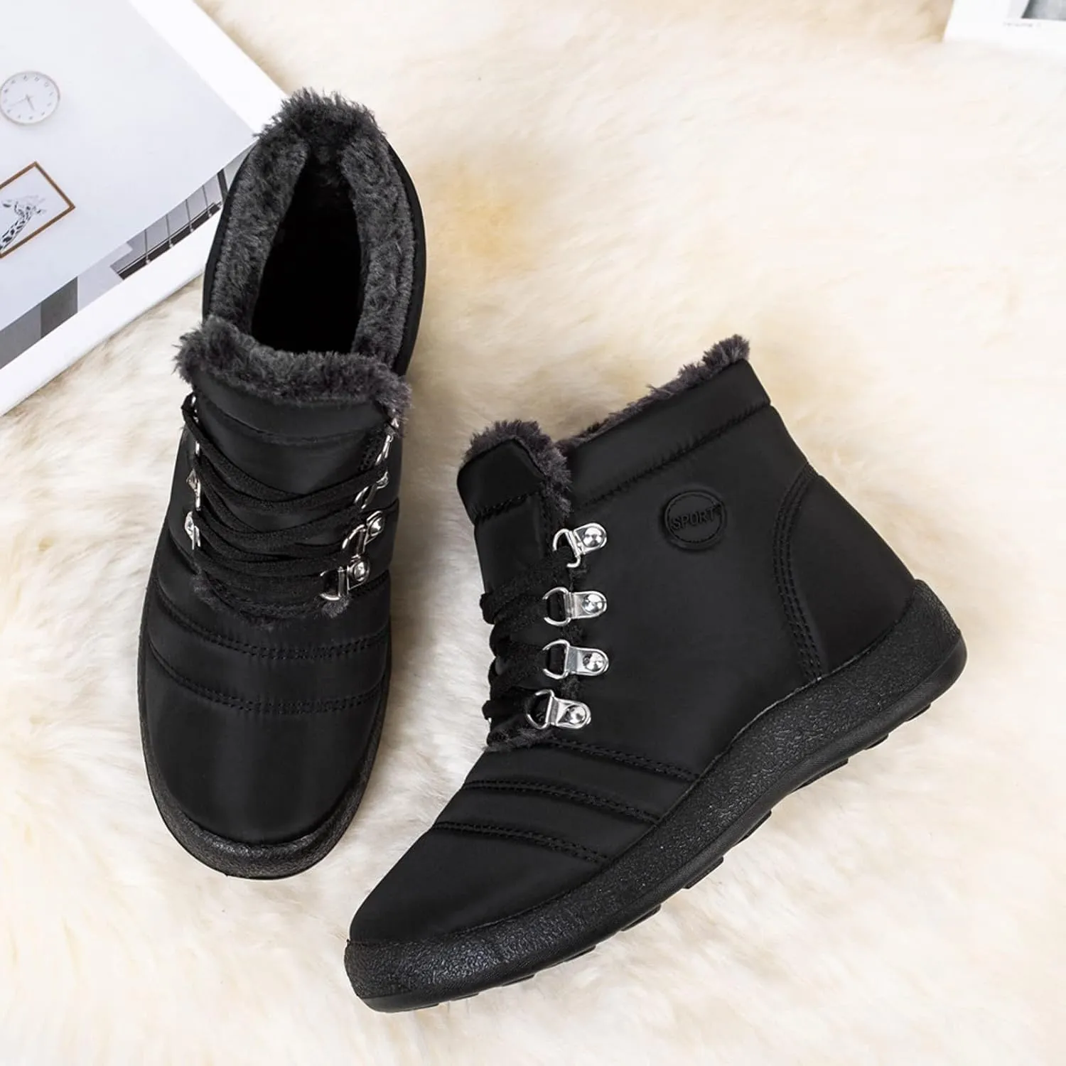 Womens Winter Snow Boots Flat Warm Fur Lined Waterproof Ankle Booties omfortable Walking Outdoor Boot