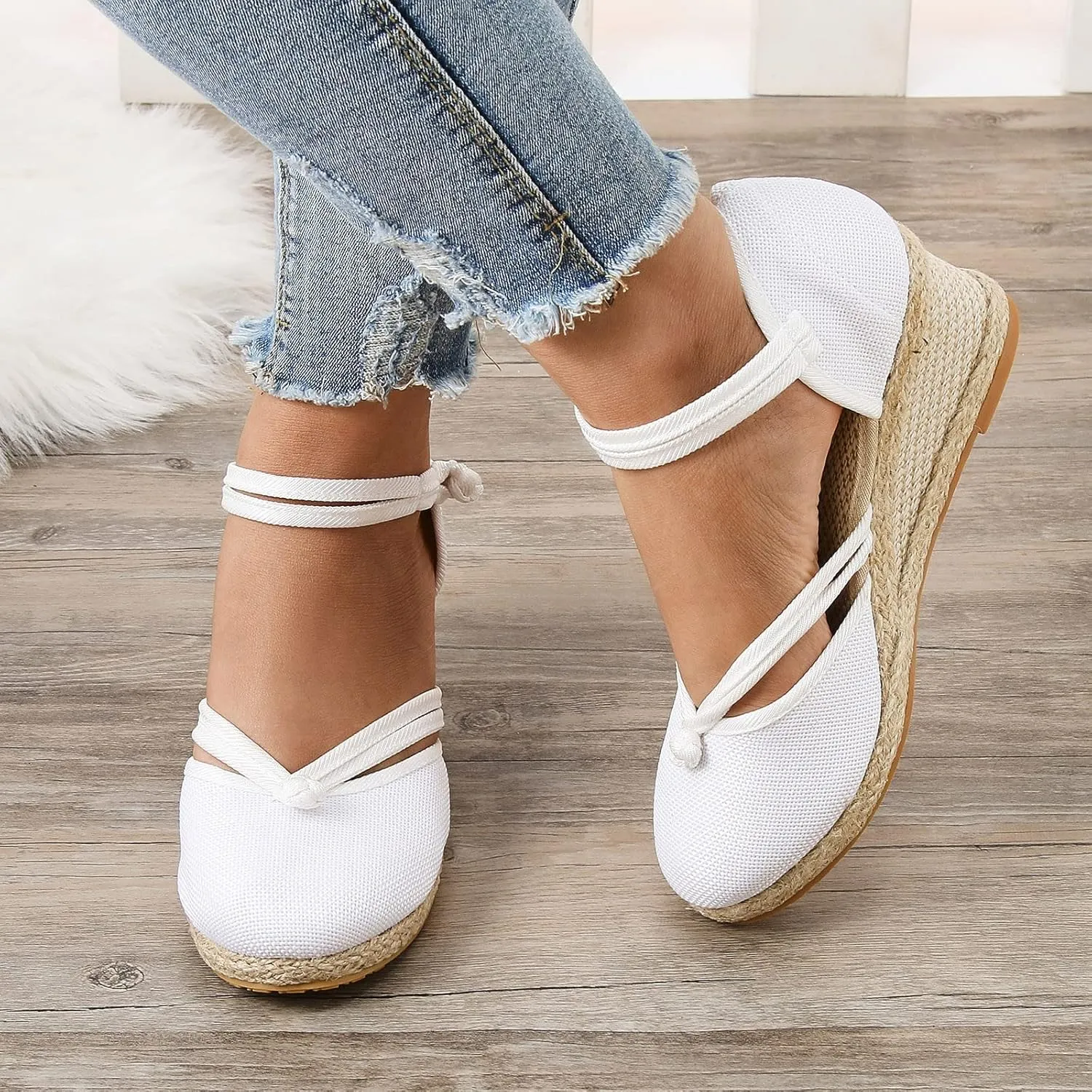 Womenyiaor Wedge Sandals for Women, Women's Closed Toe Elastic Ankle Strap Espadrilles Wedge Sandals Low Wedge Heel Sandals Dressy Summer Casual Platform Shoes