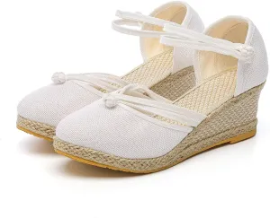 Womenyiaor Wedge Sandals for Women, Women's Closed Toe Elastic Ankle Strap Espadrilles Wedge Sandals Low Wedge Heel Sandals Dressy Summer Casual Platform Shoes