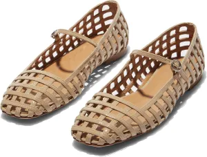 Woven Ballet Flats for Women with Square Toe Breathable Mary Jane Flat Shoes Stylish Buckle Strap