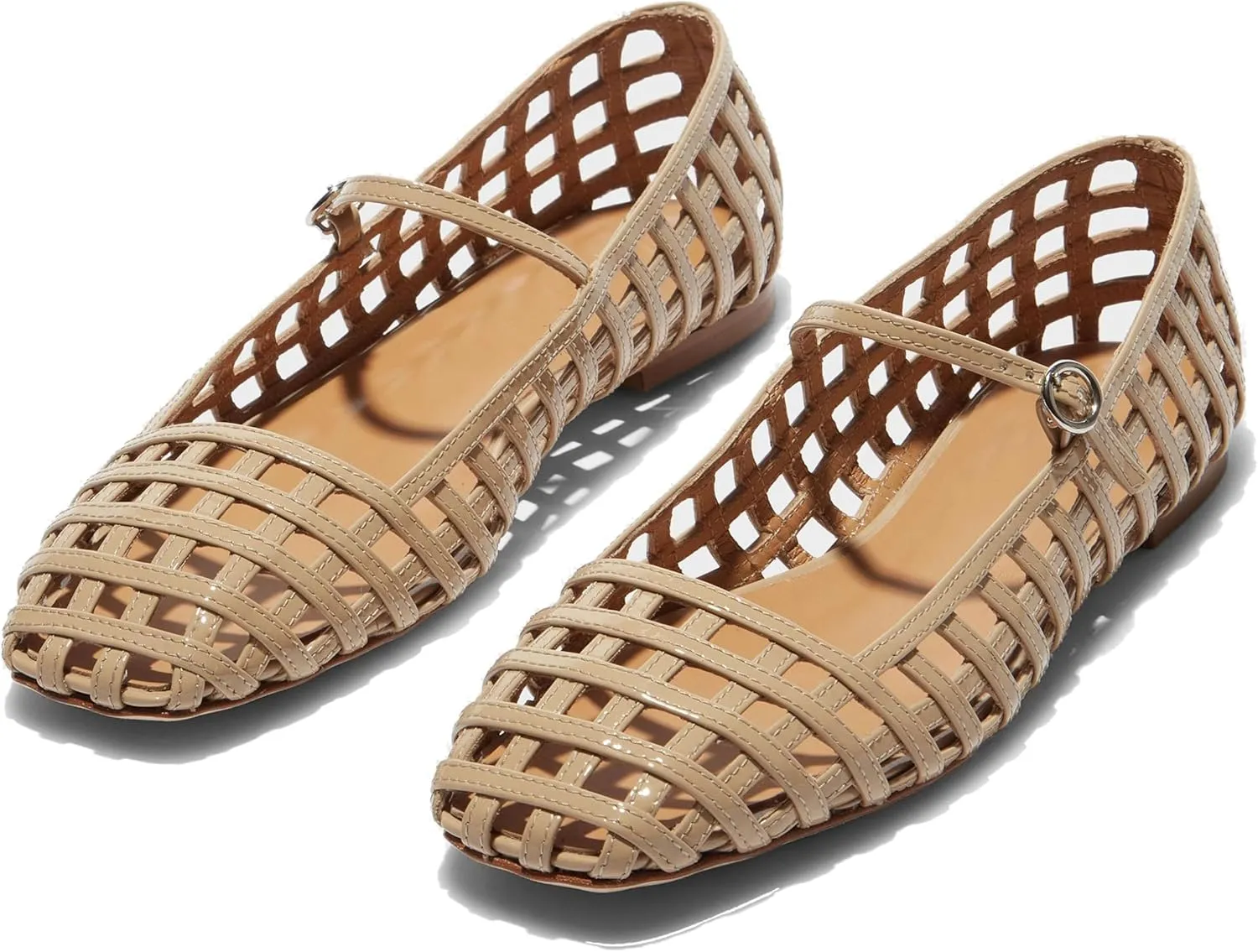 Woven Ballet Flats for Women with Square Toe Breathable Mary Jane Flat Shoes Stylish Buckle Strap