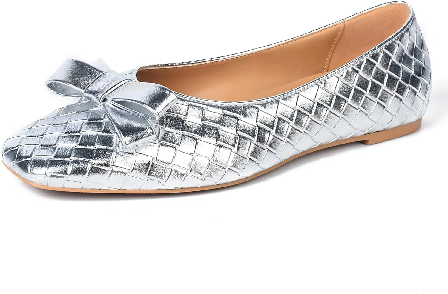 Woven Flats for Women Square Toe Ballet Flats Ladies Slip on Bow Ballerina Dress Shoes