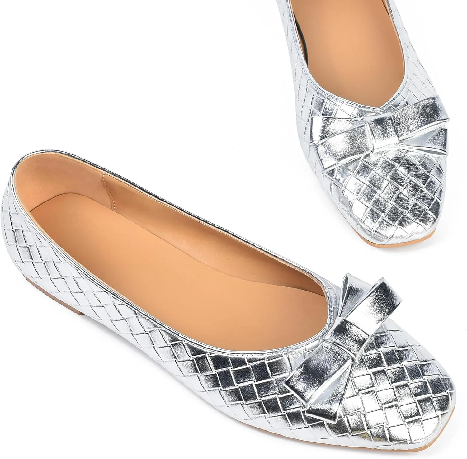Woven Flats for Women Square Toe Ballet Flats Ladies Slip on Bow Ballerina Dress Shoes
