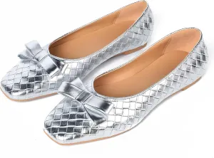 Woven Flats for Women Square Toe Ballet Flats Ladies Slip on Bow Ballerina Dress Shoes