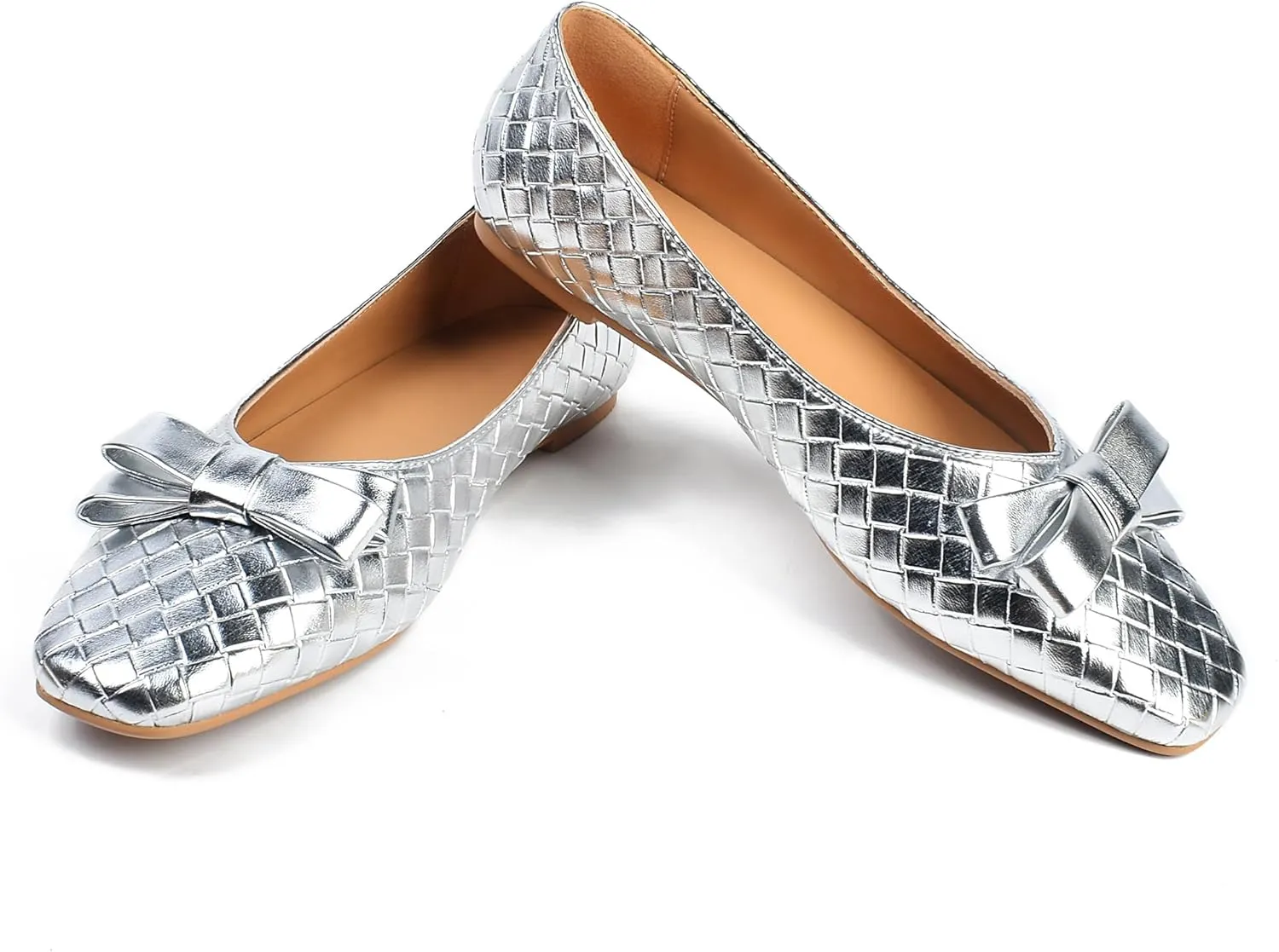 Woven Flats for Women Square Toe Ballet Flats Ladies Slip on Bow Ballerina Dress Shoes