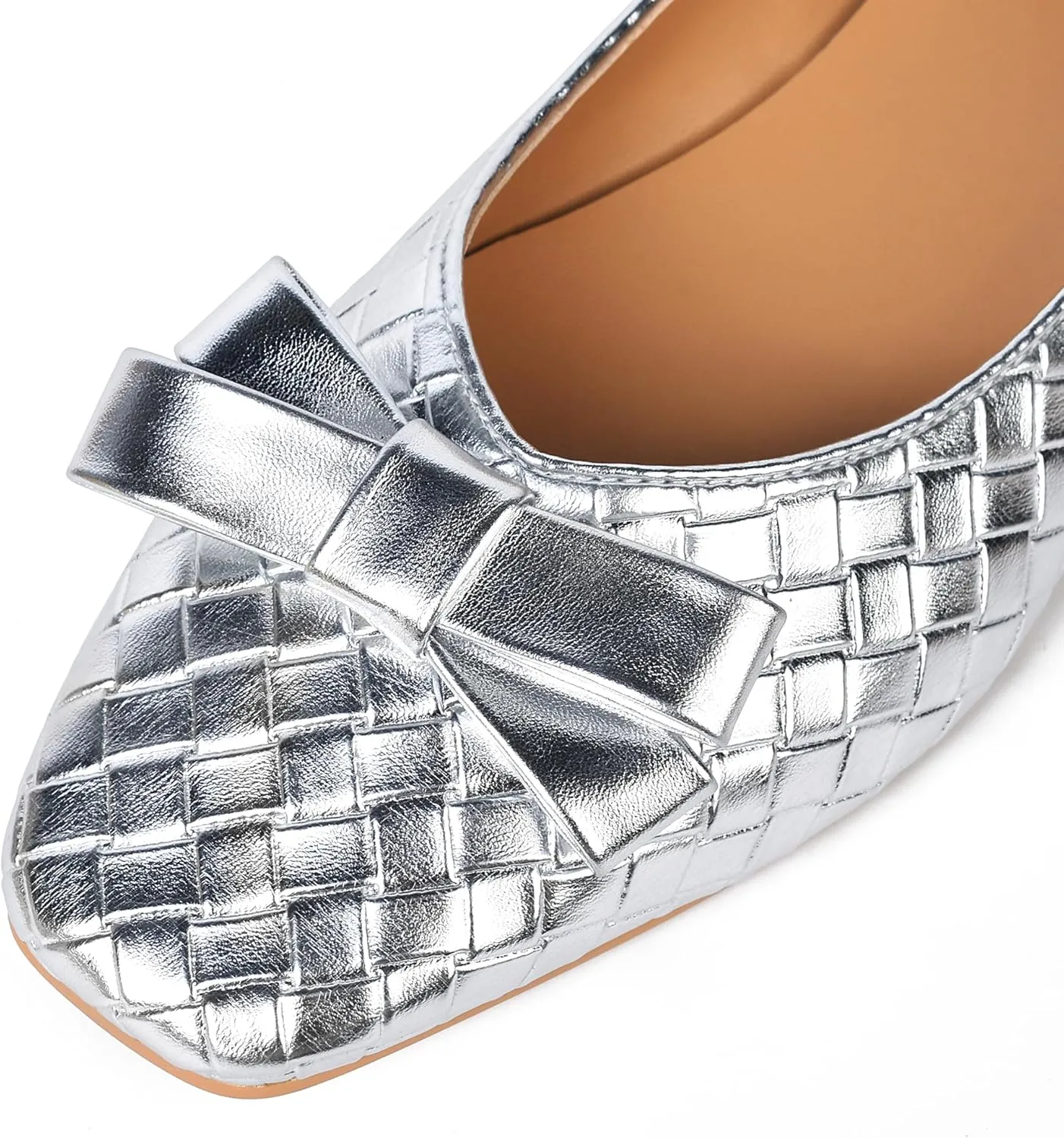 Woven Flats for Women Square Toe Ballet Flats Ladies Slip on Bow Ballerina Dress Shoes