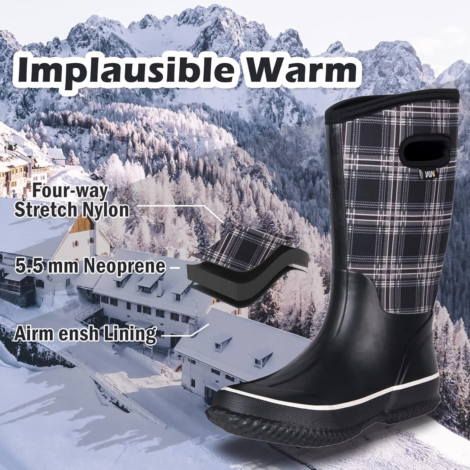 WTW Mid Calf Rain Boots for Women - Waterproof Insulated Neoprene Mud Boots Outdoor Hunting Garden Boots