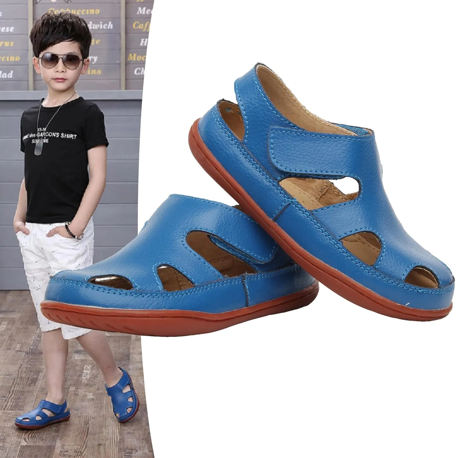 WUIWUIYU Boy's Girl's Leather Soft Closed Toe Outdoor Beach Summer Sport Sandals Athletic Fisherman Shoes for Toddler/Little Kid/Big Kid