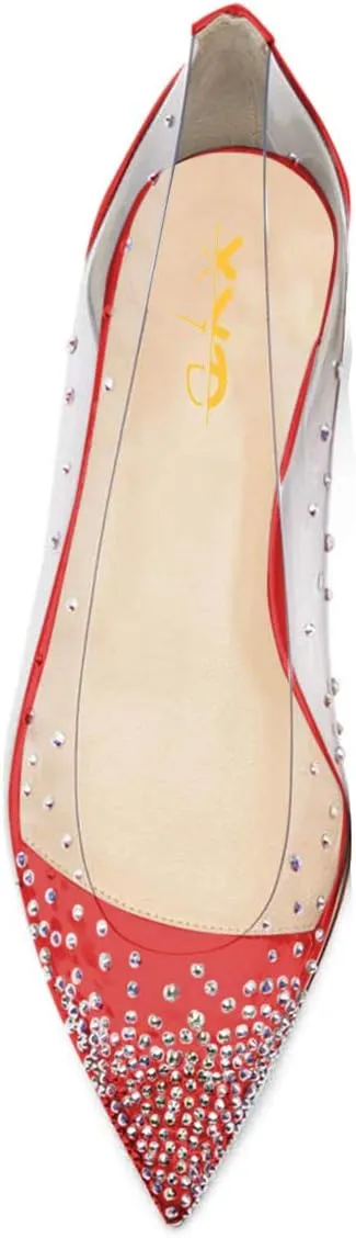 XYD Women Rhinestones Studded Ballet Flats Mesh Rivets Hidden Heels Slip On Pointed Toe Evening Dressy Shoes