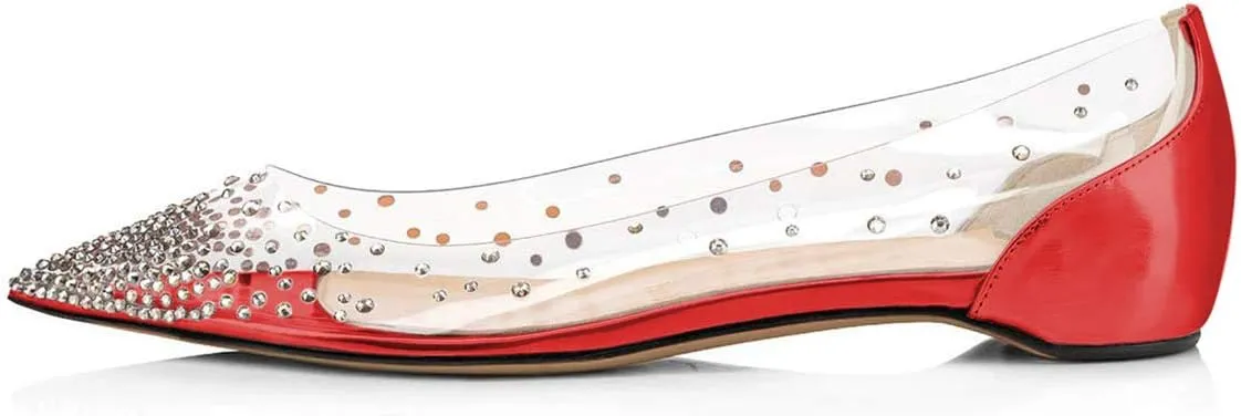 XYD Women Rhinestones Studded Ballet Flats Mesh Rivets Hidden Heels Slip On Pointed Toe Evening Dressy Shoes