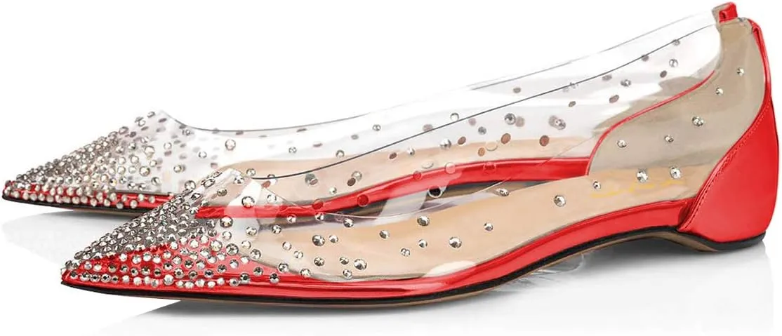 XYD Women Rhinestones Studded Ballet Flats Mesh Rivets Hidden Heels Slip On Pointed Toe Evening Dressy Shoes