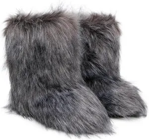 yamerbo Faux Fur Boots for Women, Fuzzy Flurry Furry Leg Warm Boots, Winter Mid-Calf Snow Shoes