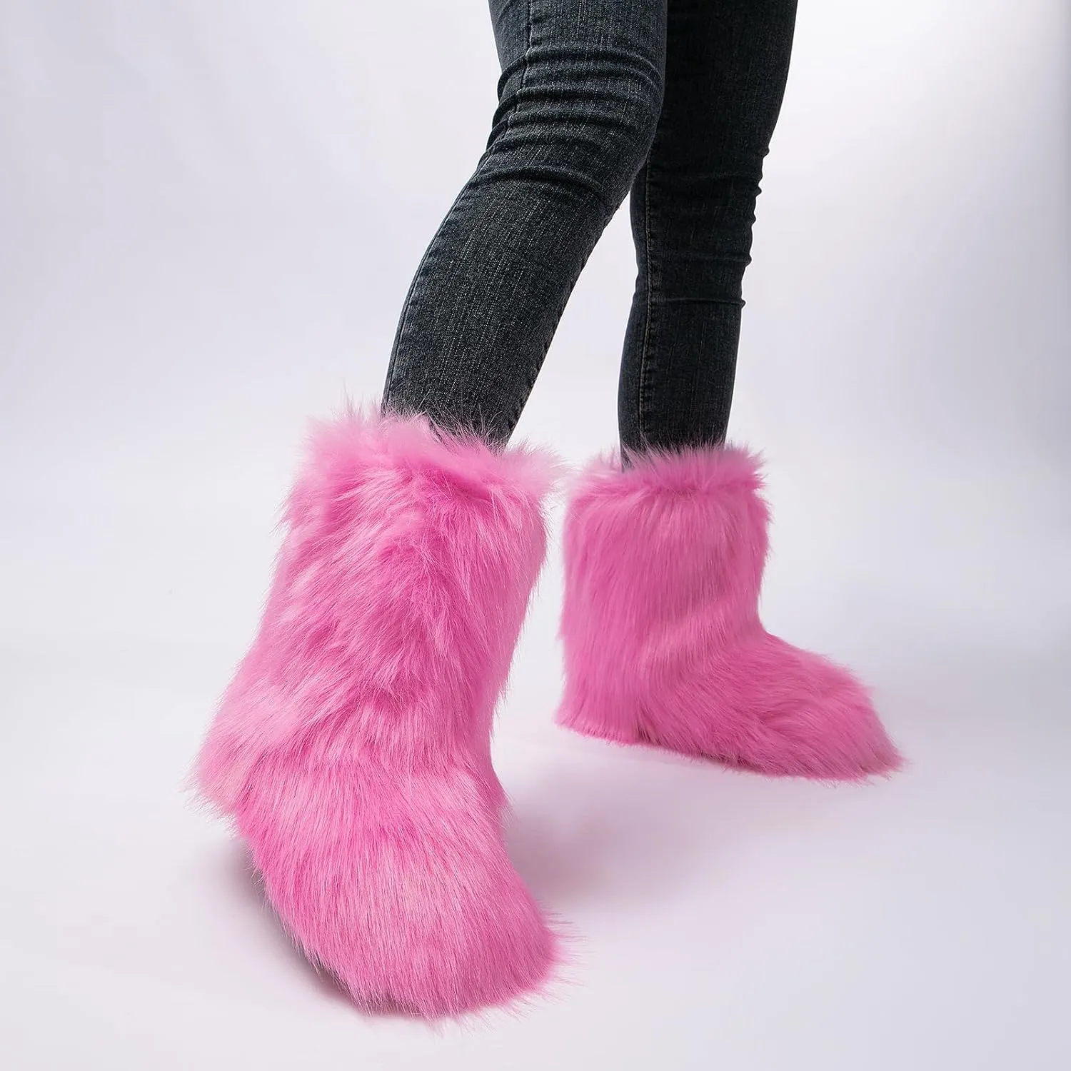 yamerbo Faux Fur Boots for Women, Fuzzy Flurry Furry Leg Warm Boots, Winter Mid-Calf Snow Shoes