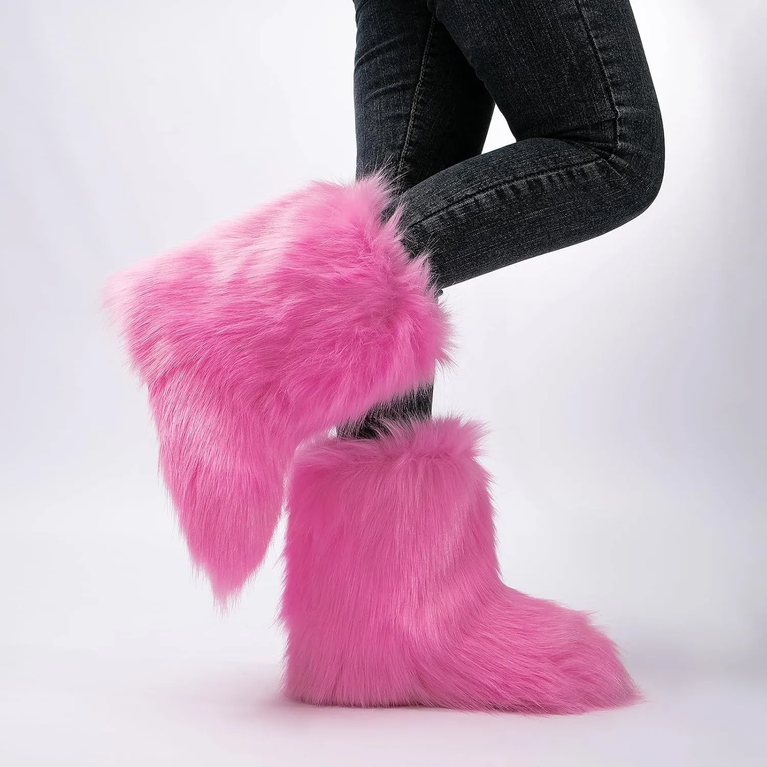 yamerbo Faux Fur Boots for Women, Fuzzy Flurry Furry Leg Warm Boots, Winter Mid-Calf Snow Shoes