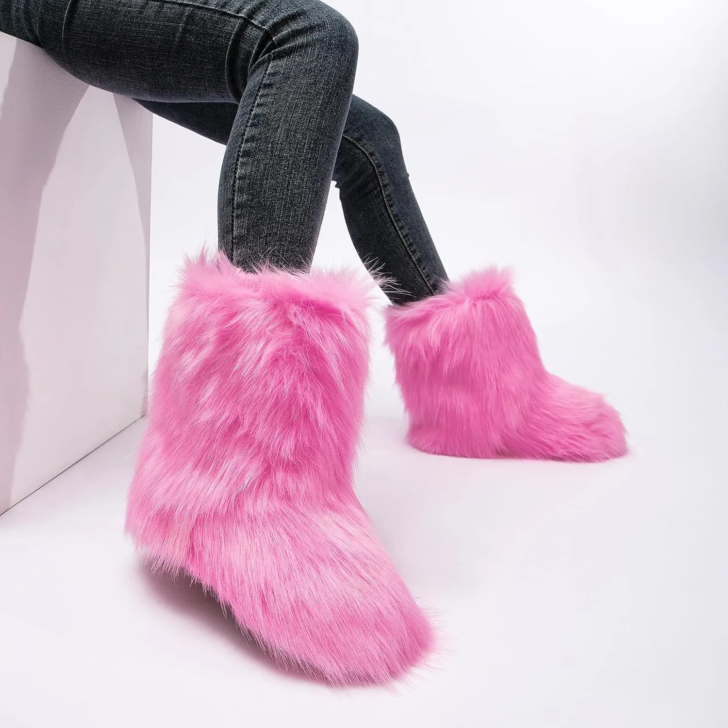 yamerbo Faux Fur Boots for Women, Fuzzy Flurry Furry Leg Warm Boots, Winter Mid-Calf Snow Shoes