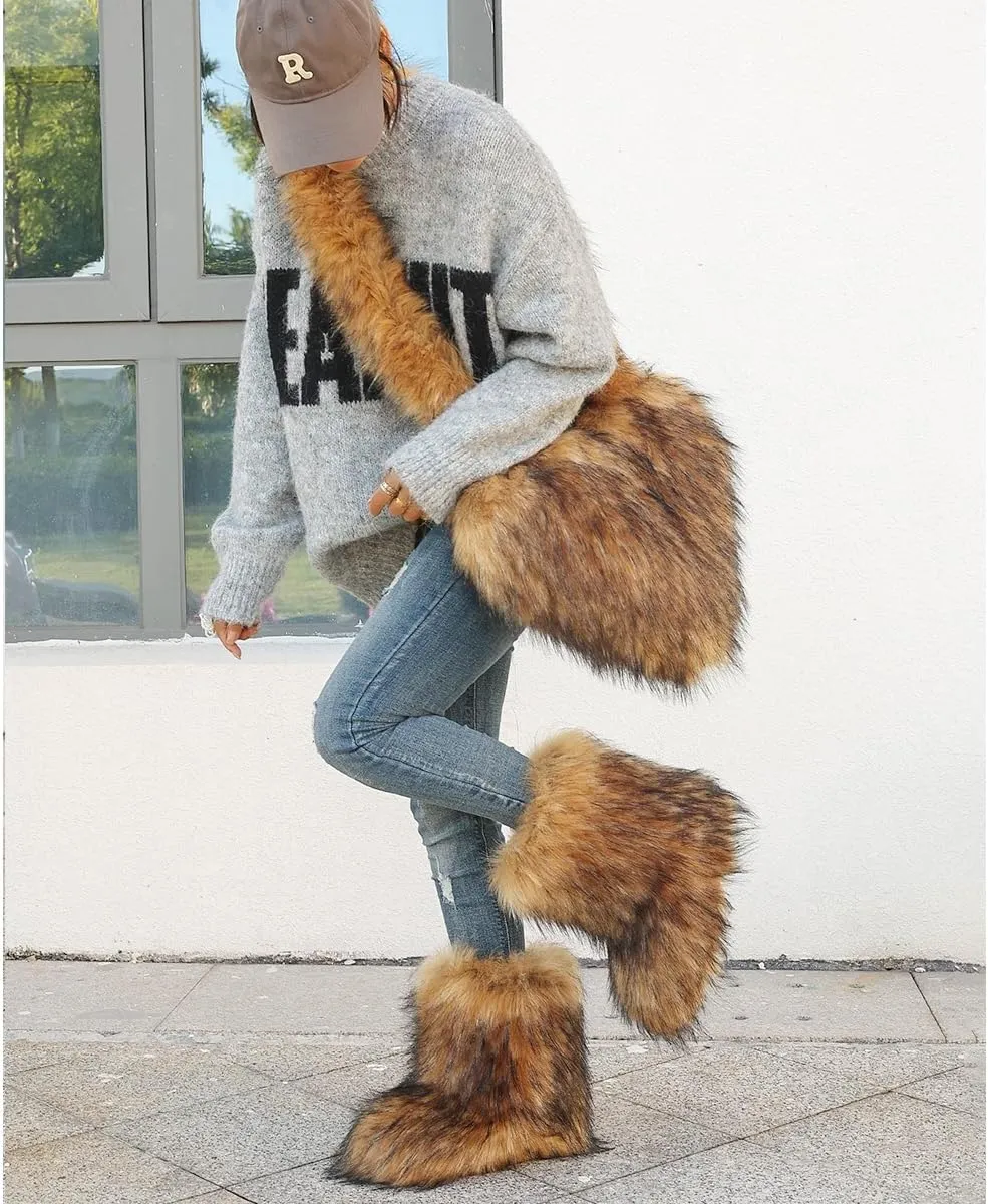 yamerbo Women's Heart Shaped Furry Shoulder Tote Bag Winter Faux Fur Mid-Calf Snow Boots set Y2K Girl Handbag Warm Snow Boots
