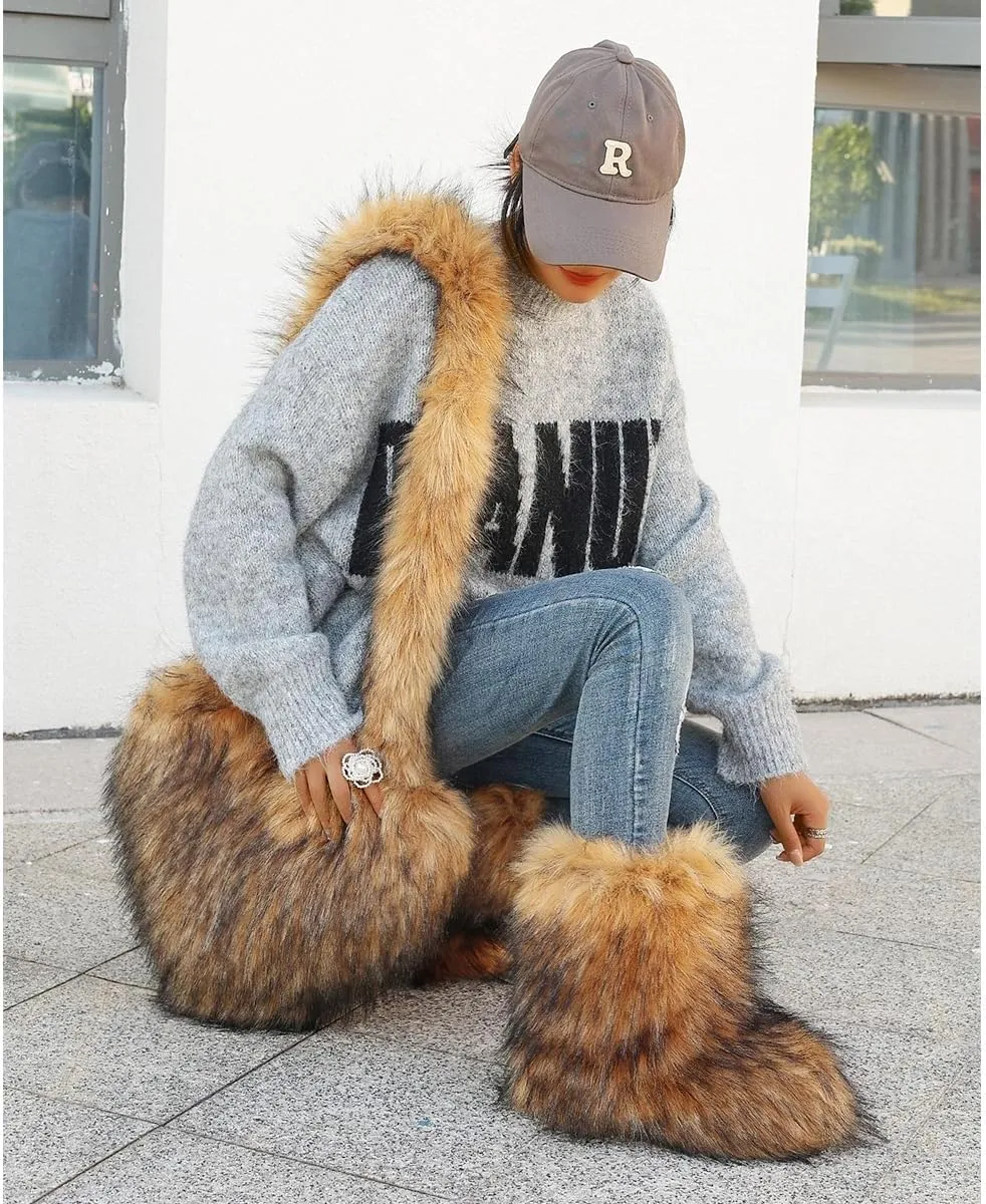 yamerbo Women's Heart Shaped Furry Shoulder Tote Bag Winter Faux Fur Mid-Calf Snow Boots set Y2K Girl Handbag Warm Snow Boots