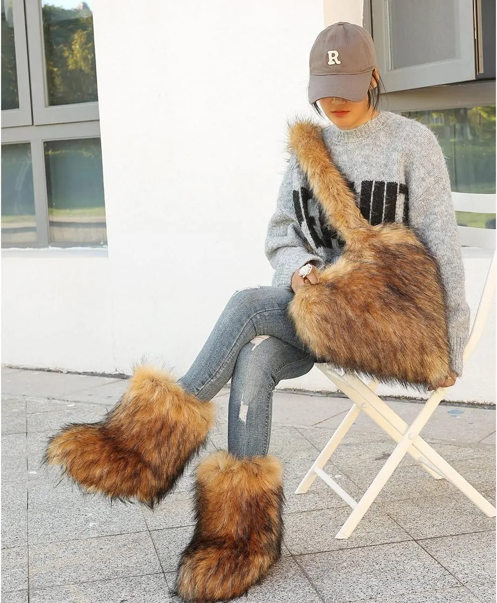 yamerbo Women's Heart Shaped Furry Shoulder Tote Bag Winter Faux Fur Mid-Calf Snow Boots set Y2K Girl Handbag Warm Snow Boots