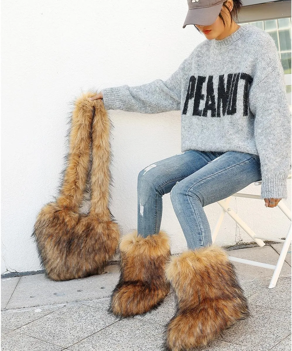 yamerbo Women's Heart Shaped Furry Shoulder Tote Bag Winter Faux Fur Mid-Calf Snow Boots set Y2K Girl Handbag Warm Snow Boots