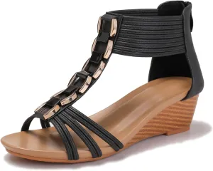 Yenktwei Women's Wedge Sandals Summer Comfort Open Toe Platform Bohemian Beach Sandals Zipper Back Shoes