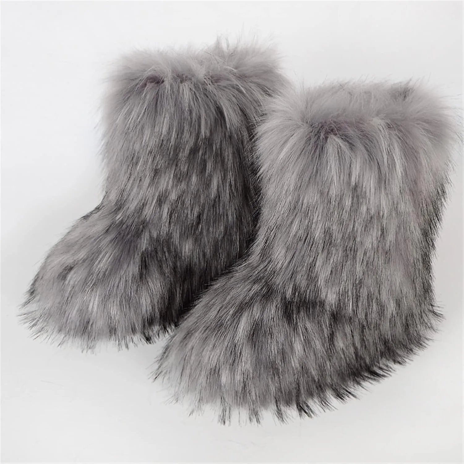 YESBOR Women's Winter Faux Fur Boots Round Toe Warm Fuzzy Fluffy Furry Snow Boots Flat Shoes