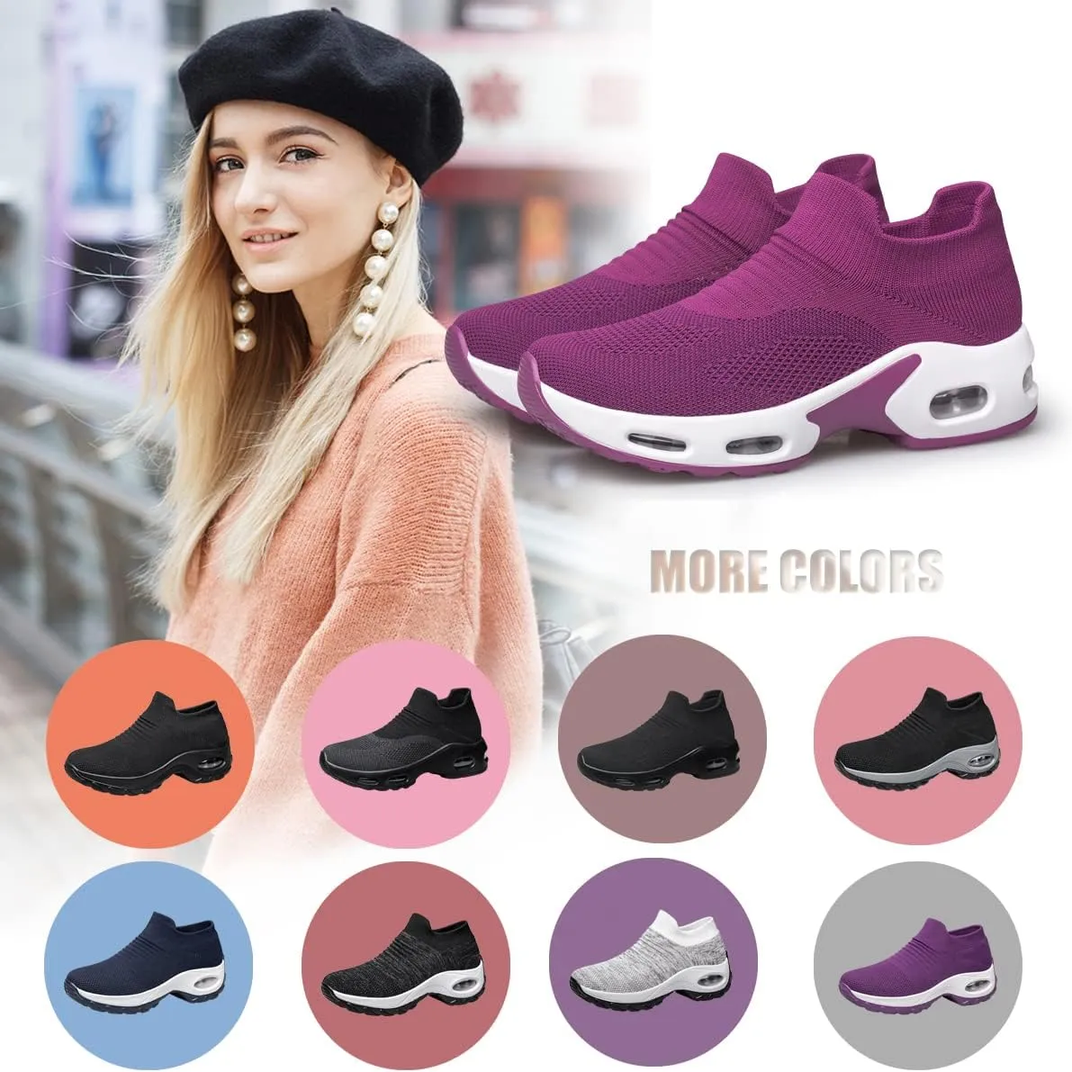 YHOON Women's Walking Shoes - Sock Sneakers Slip on Mesh Platform Air Cushion Athletic Shoes Work Nurse Comfortable