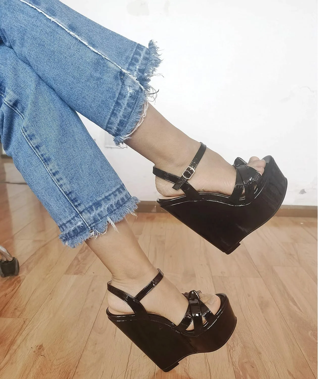 YODEKS Women's Wedge Heel Sandals Sexy Platform Open Toe Ankle Strap Fashion Mary Jane Summer Dress Patent Leather Sandals