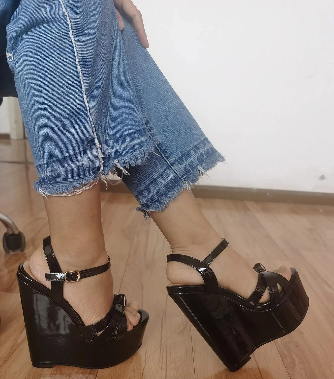 YODEKS Women's Wedge Heel Sandals Sexy Platform Open Toe Ankle Strap Fashion Mary Jane Summer Dress Patent Leather Sandals