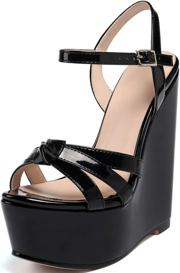 YODEKS Women's Wedge Heel Sandals Sexy Platform Open Toe Ankle Strap Fashion Mary Jane Summer Dress Patent Leather Sandals