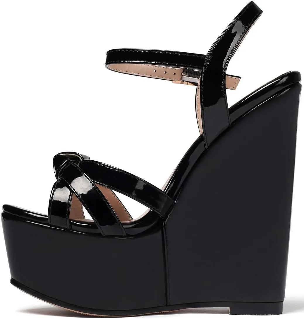 YODEKS Women's Wedge Heel Sandals Sexy Platform Open Toe Ankle Strap Fashion Mary Jane Summer Dress Patent Leather Sandals