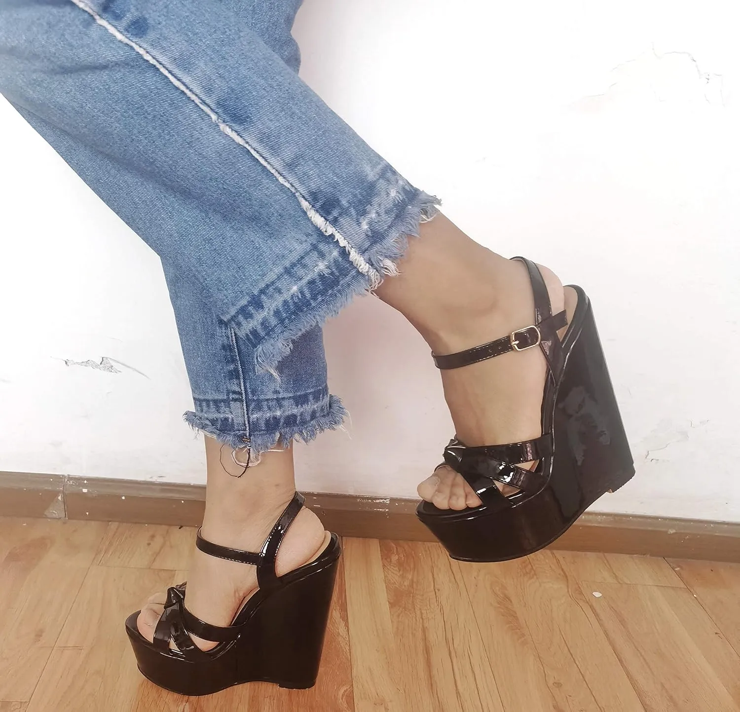YODEKS Women's Wedge Heel Sandals Sexy Platform Open Toe Ankle Strap Fashion Mary Jane Summer Dress Patent Leather Sandals