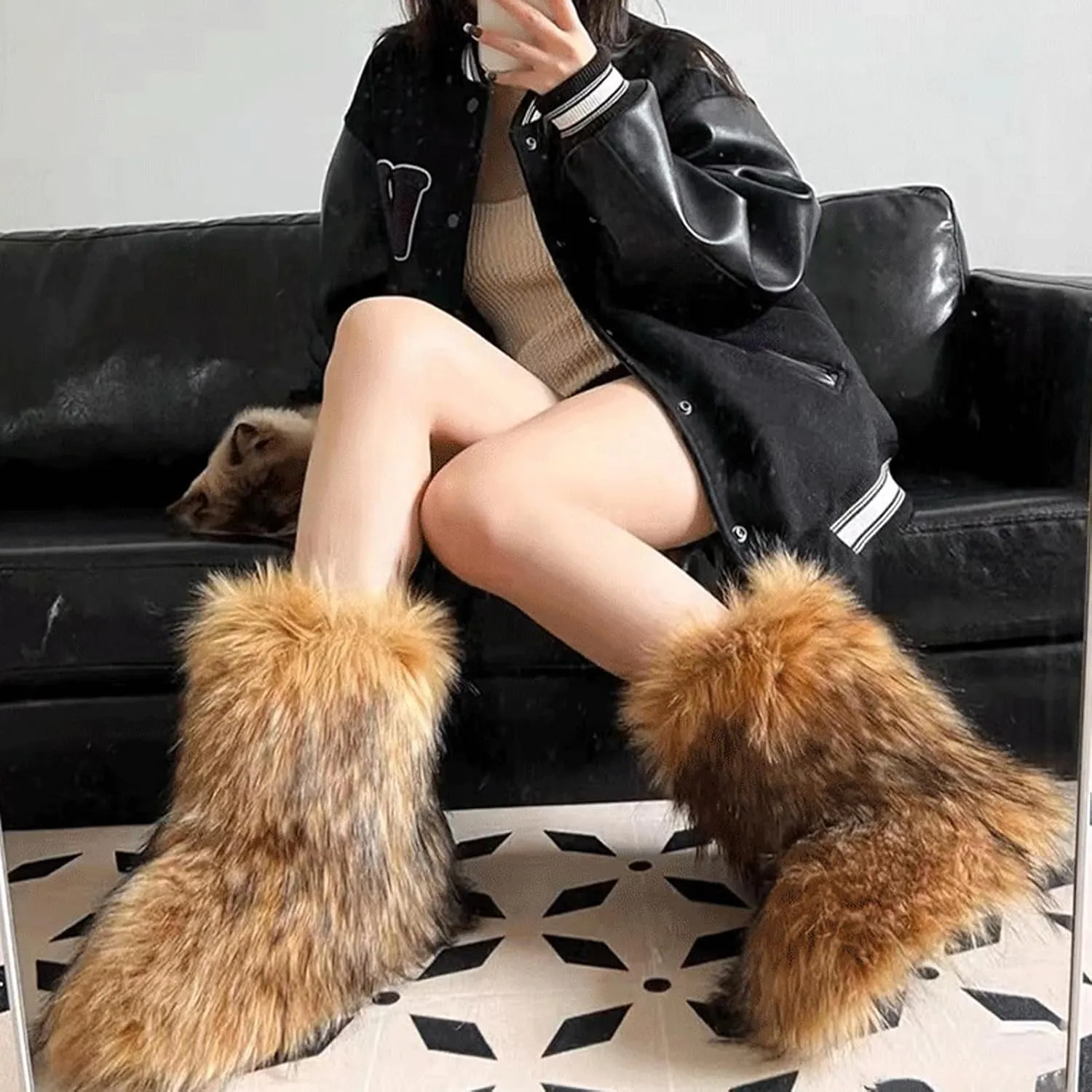 YXCFEWD Fur Boots for Women Winter Fluffy Furry Boots for Girls Flat Heel Snow Boots