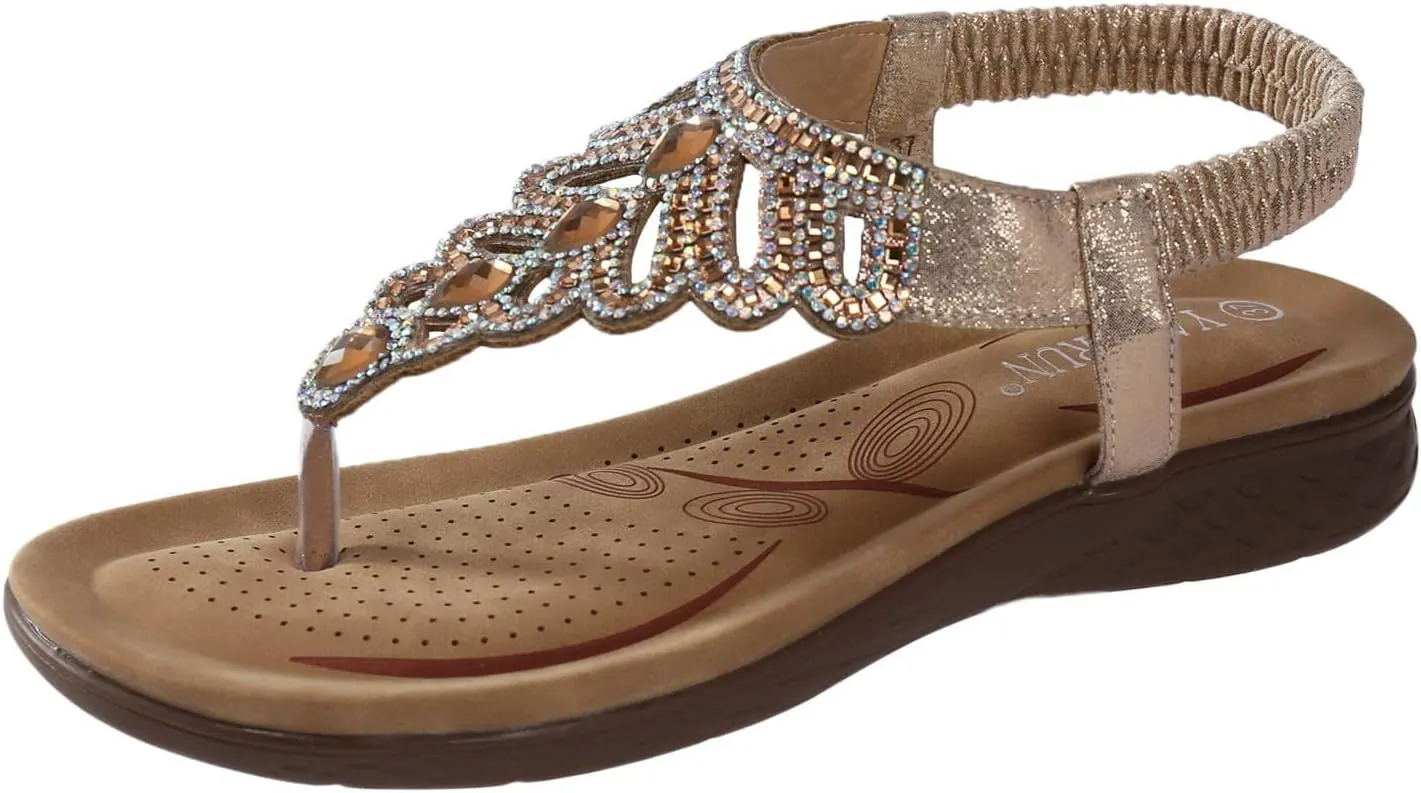 ZBYY Women Rhinestone Sandals T-Strap Elastic Strap Bohemian Crystal Flat Sandals Thong Ankle Strap Summer Gladiator Sandals