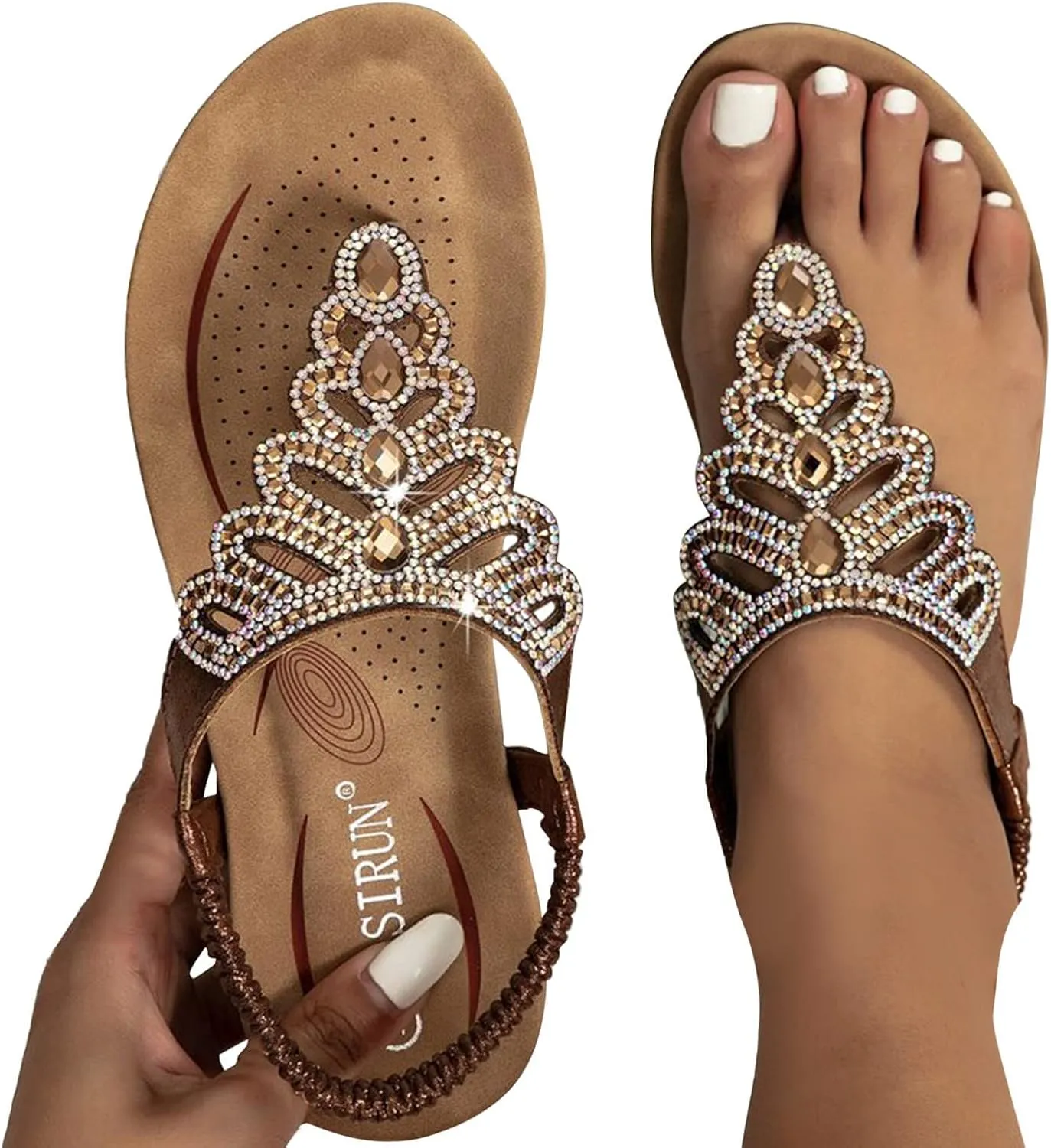 ZBYY Women Rhinestone Sandals T-Strap Elastic Strap Bohemian Crystal Flat Sandals Thong Ankle Strap Summer Gladiator Sandals