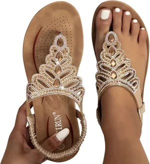 ZBYY Women Rhinestone Sandals T-Strap Elastic Strap Bohemian Crystal Flat Sandals Thong Ankle Strap Summer Gladiator Sandals