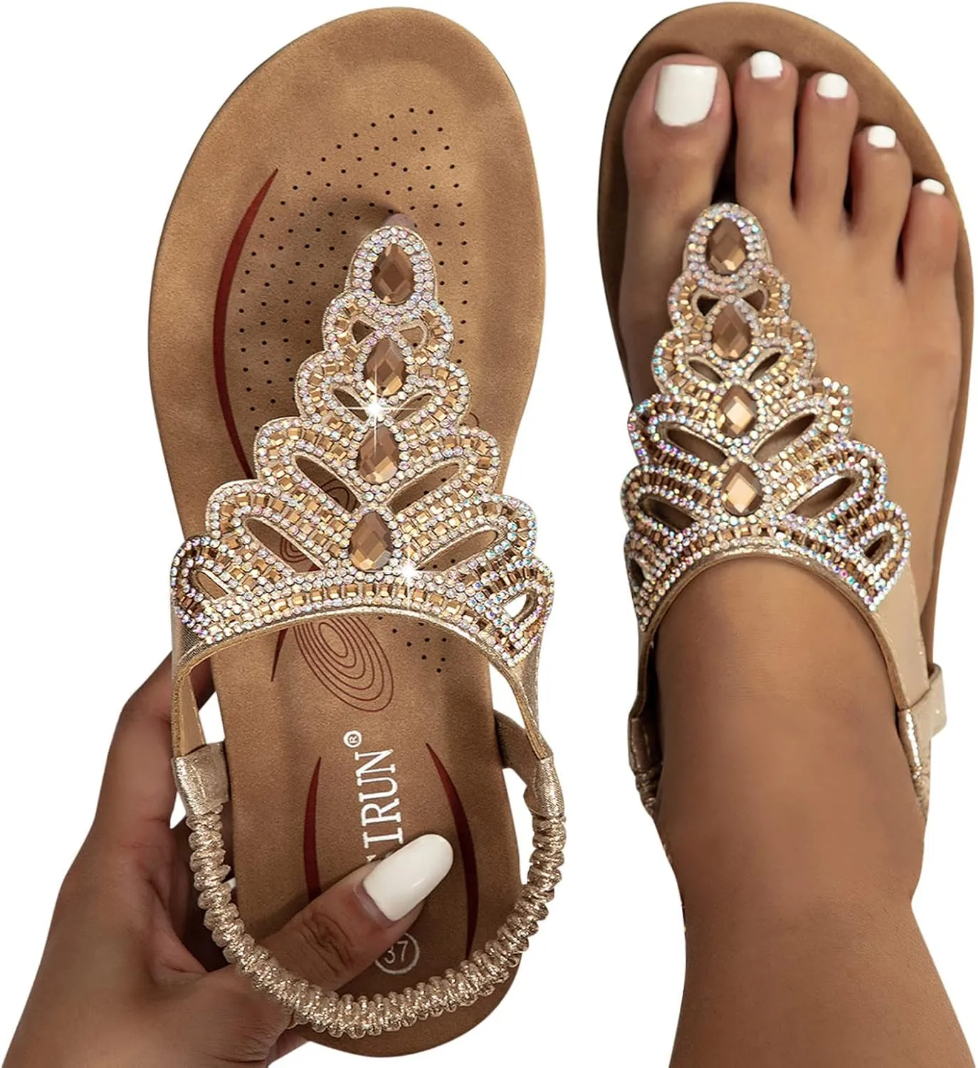 ZBYY Women Rhinestone Sandals T-Strap Elastic Strap Bohemian Crystal Flat Sandals Thong Ankle Strap Summer Gladiator Sandals