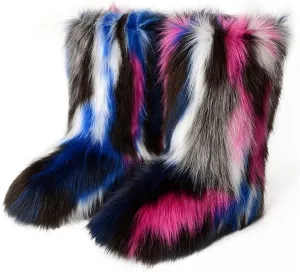 ZOSCGJMY Faux Fur Boots for Women Fuzzy Fluffy Furry Round Toe Suede Winter Snow Boots Flat Shoes