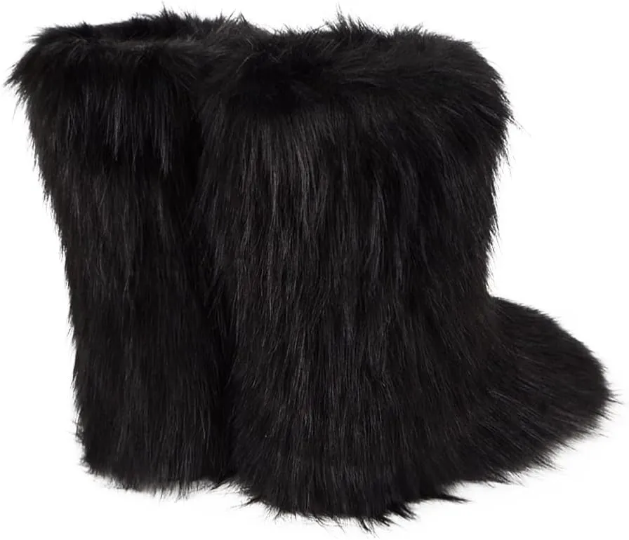 ZOSCGJMY Faux Fur Boots for Women Fuzzy Fluffy Furry Round Toe Suede Winter Snow Boots Flat Shoes