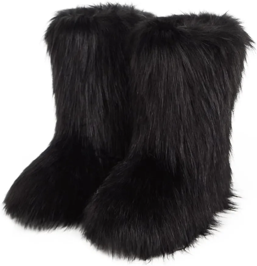 ZOSCGJMY Faux Fur Boots for Women Fuzzy Fluffy Furry Round Toe Suede Winter Snow Boots Flat Shoes