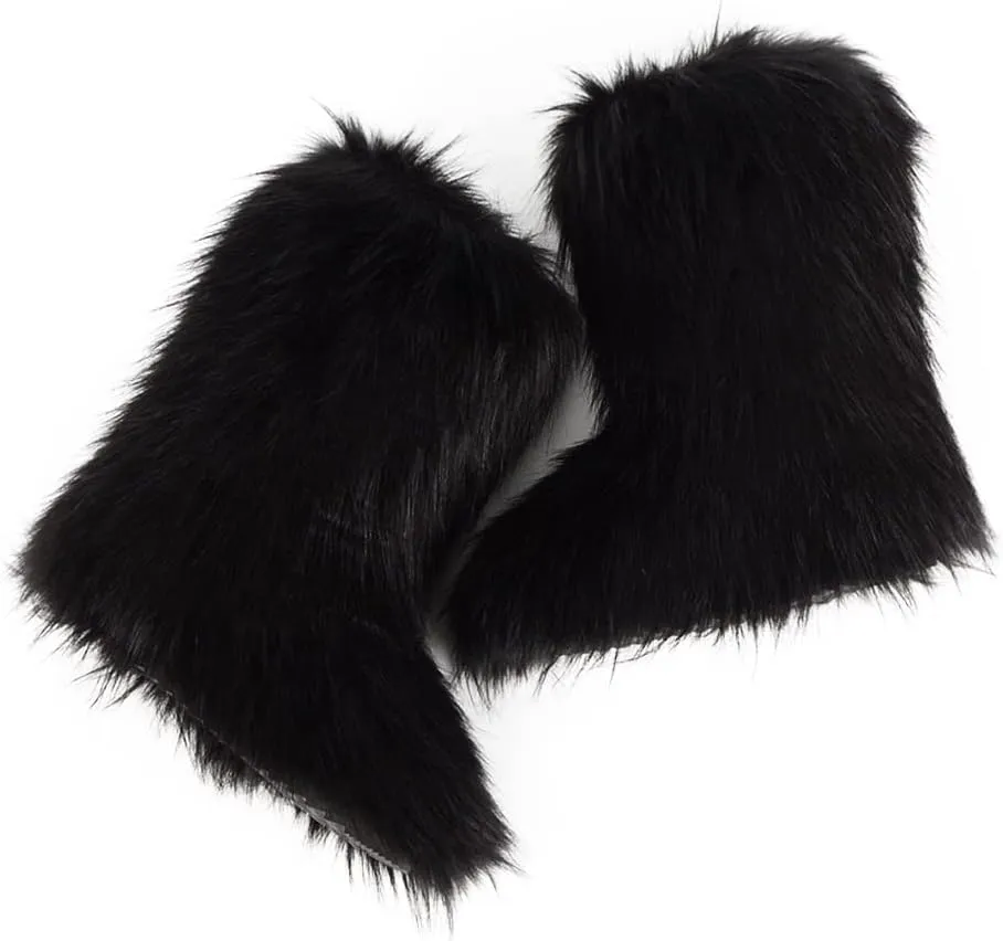ZOSCGJMY Faux Fur Boots for Women Fuzzy Fluffy Furry Round Toe Suede Winter Snow Boots Flat Shoes