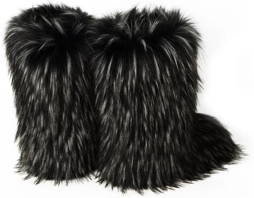 ZOSCGJMY Faux Fur Boots for Women Fuzzy Fluffy Furry Round Toe Suede Winter Snow Boots Flat Shoes