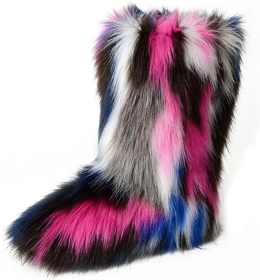 ZOSCGJMY Faux Fur Boots for Women Fuzzy Fluffy Furry Round Toe Suede Winter Snow Boots Flat Shoes