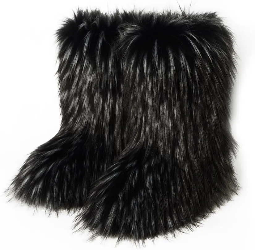 ZOSCGJMY Faux Fur Boots for Women Fuzzy Fluffy Furry Round Toe Suede Winter Snow Boots Flat Shoes